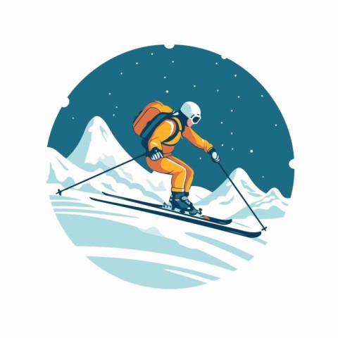 Skiing in the mountains. Vector illustration in flat style.