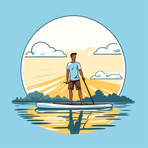 Man on a stand up paddle board. Vector illustration in flat styl