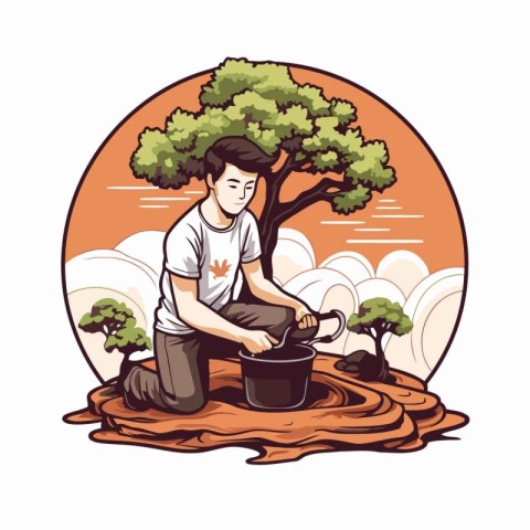 Vector illustration of a young man cooking in a pot on the natur