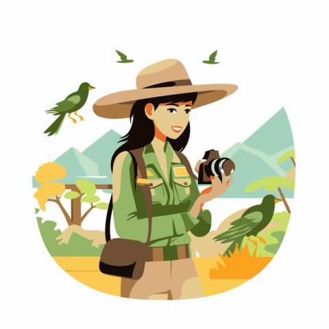 Tourist woman with camera and parrot in nature vector illustrati