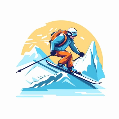 Skier skiing downhill in the mountains. Vector illustration of a