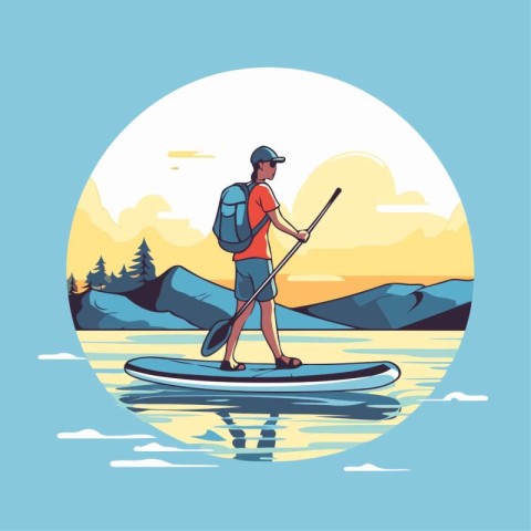 Man on a stand up paddle board. Vector illustration in flat styl