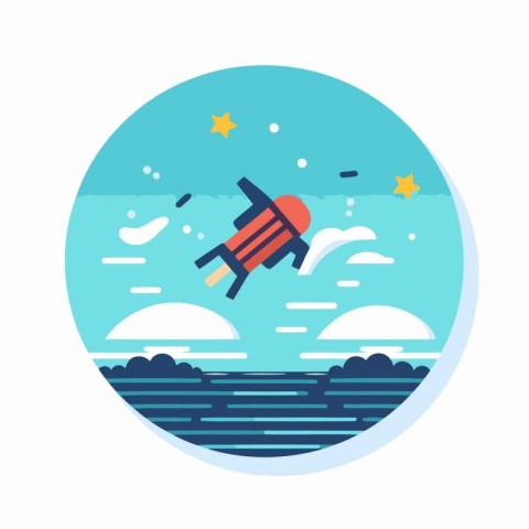 Space exploration flat color icon. Astronaut flying in space. Ve