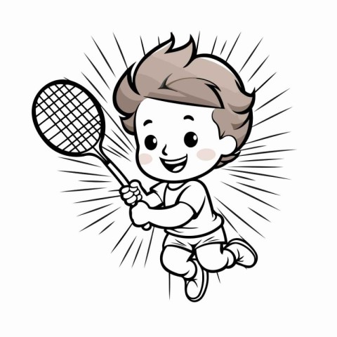 Boy playing badminton - Colored Cartoon Illustration. Vector