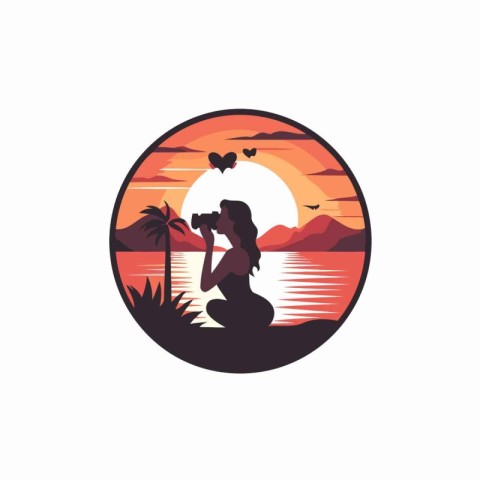 Woman sitting on the beach at sunset. Vector illustration in fla