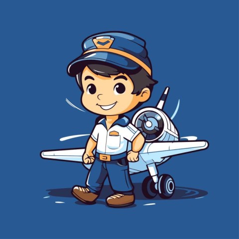 Pilot with airplane on the blue background. Vector illustration.