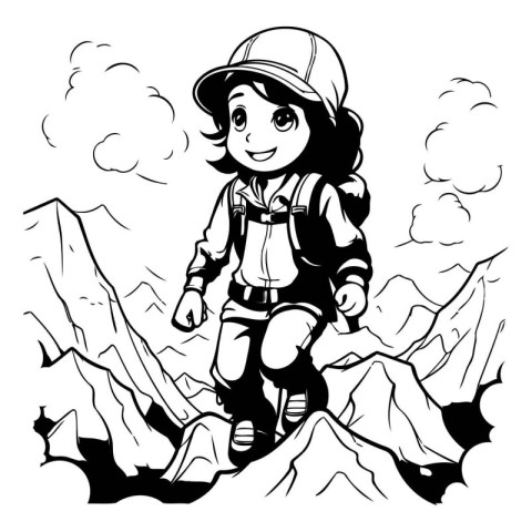 Climber girl in the mountains. Black and white vector illustrati