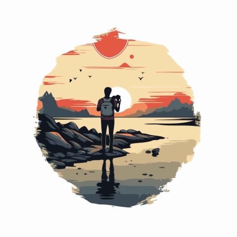 Traveler with a backpack on the background of the sunset. Vector