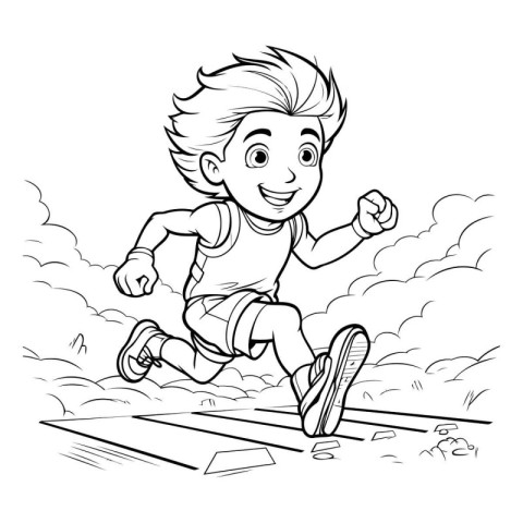 Boy running in the park. Black and white vector illustration for