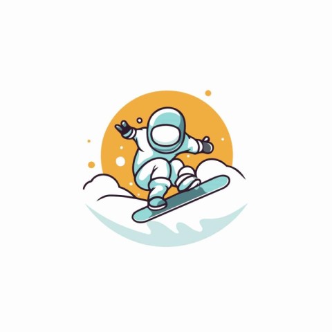 Astronaut flying on snowboard. Vector illustration in linear sty