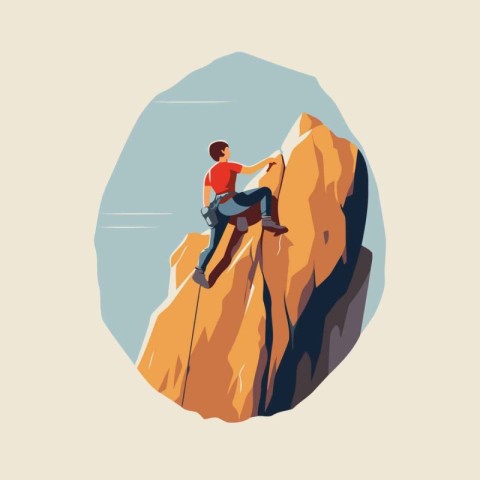 Man climbing on a rock. Vector illustration in flat design style