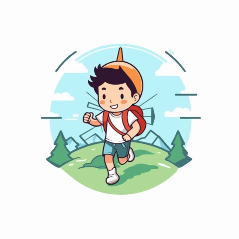 Cute little boy with backpack running in the park. Vector illust