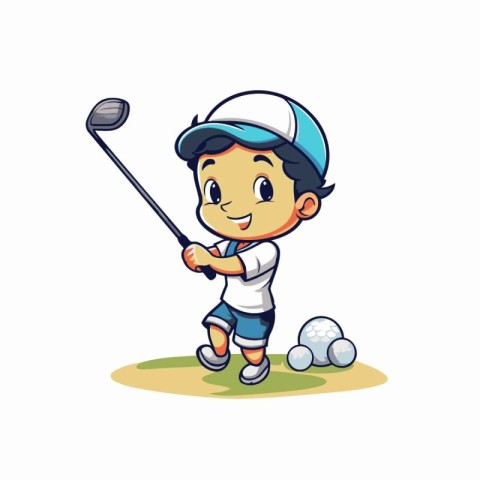 Cute boy playing golf. Vector illustration. Isolated on white ba