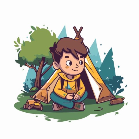 Cute little boy sitting near his tent in the forest. Vector illu