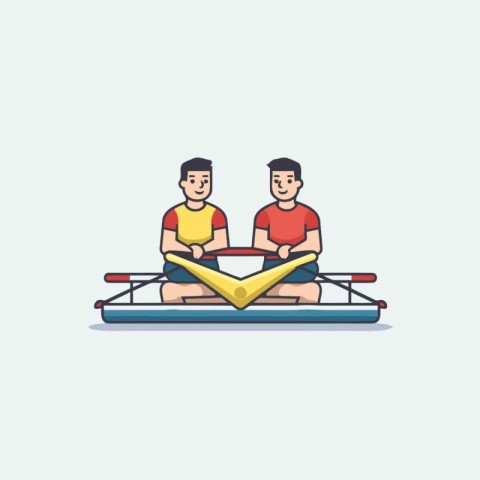 Two men rowing on a boat. Flat style vector illustration.