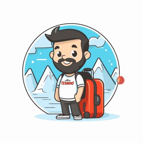 traveler man with suitcase and snow mountain vector illustration