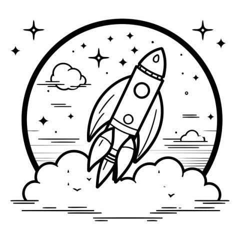 rocket flying in the sky with clouds vector illustration outline