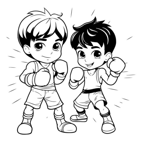 Boy and girl boxing - black and white vector illustration for co