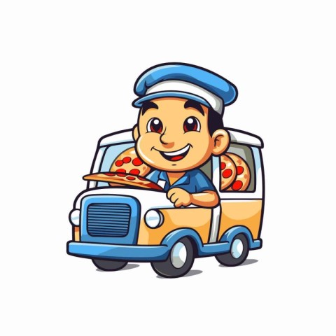 Cartoon delivery boy driving a van. Vector illustration on white