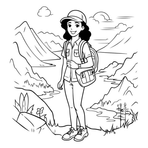 Tourist girl with backpack hiking in mountains. vector illustrat