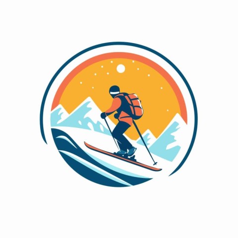 Skiing icon. Vector illustration of skier in mountains.