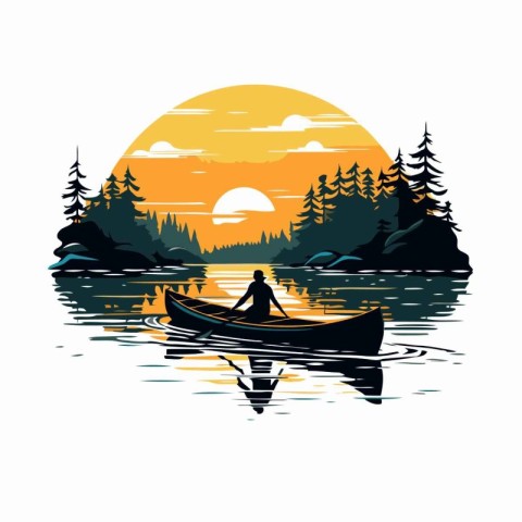 Kayaking in the lake at sunset. Vector illustration for your des