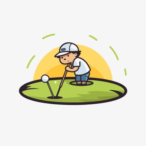 Golfer and golf ball on the green. Vector illustration.