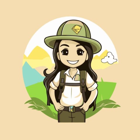 cute girl in safari outfit with hat and backpack. vector illustr