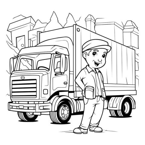 Black and white illustration of a delivery man standing next to