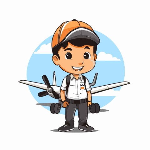 Cute Cartoon Delivery Boy with Airplane. Vector Illustration.