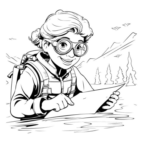 Black and white illustration of a hiker looking at a map.