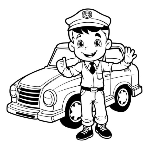 Policeman With Car - Black and White Cartoon Illustration. Vecto