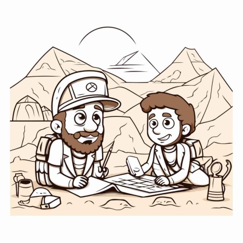 Illustration of a Father and Son Working on Laptop in the Desert