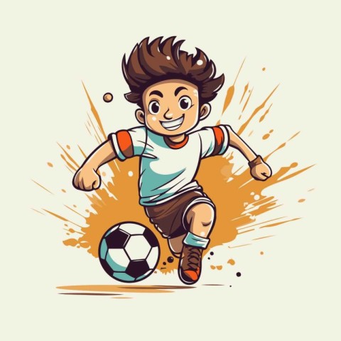 Cartoon soccer player kicking the ball. Vector illustration for