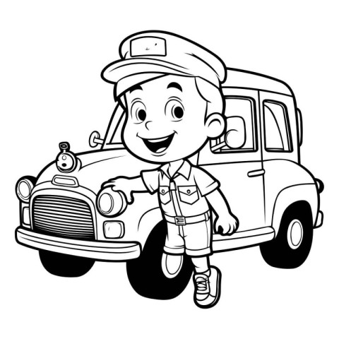 Black and White Cartoon Illustration of a Kid Boy with a Retro C