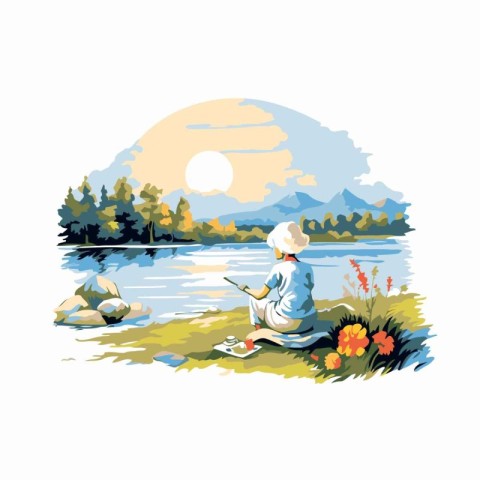 Senior man sitting on the lake shore and fishing. Vector illustr