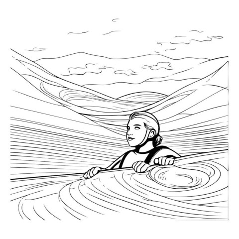 Man in a boat in the mountains. Vector illustration. Black and w