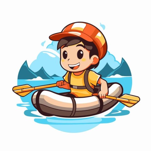 Cute boy in a kayak. Vector cartoon character illustration.