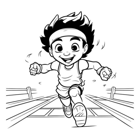 Cartoon boy running on a track. Black and white vector illustrat