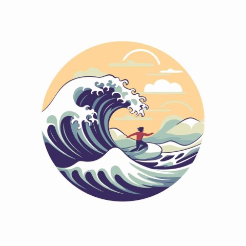 Surfer on a big wave. Vector illustration in flat style.