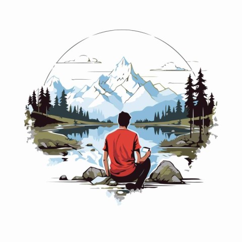 Vector illustration of a man sitting by the lake and looking at