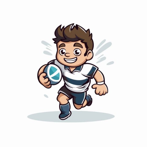 Rugby player running with ball and shield. Vector illustration.