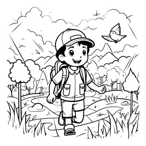 Black and White Cartoon Illustration of Kid Hiking or Camping wi