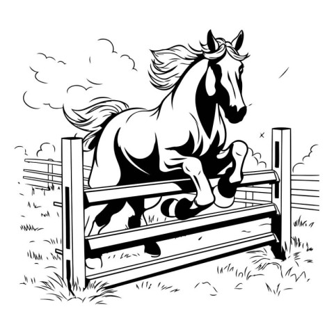 Horse jumping over a fence. Black and white vector illustration.