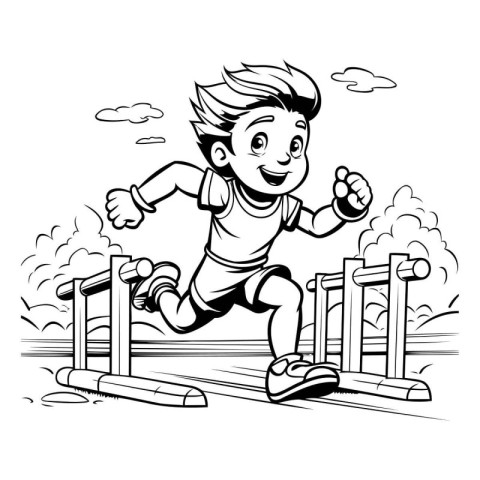 Boy running in the park. Black and white vector illustration for