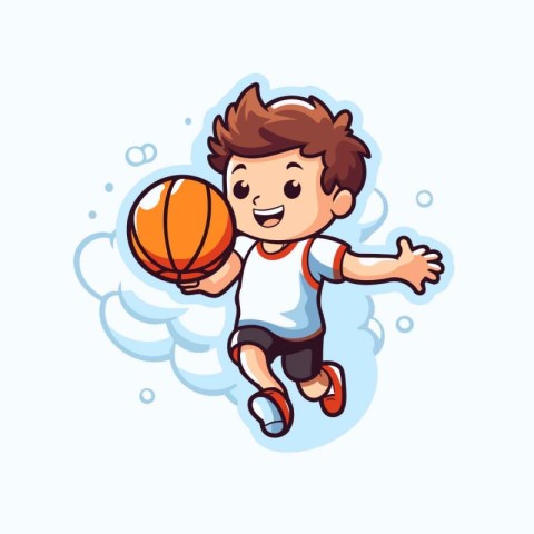 Cute Little Boy Playing Basketball Cartoon Mascot Character Illu