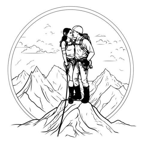 Hiker on top of a mountain. Vector illustration of a man and a w