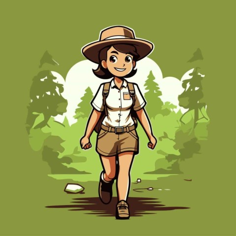 Hiking girl in the forest. Vector illustration of a hiker.