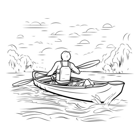 Man in a canoe on the river. Black and white vector illustration