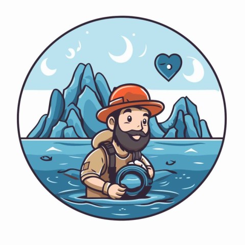 Cartoon explorer with binoculars in the sea. Vector illustration